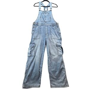 Aerie Women's Wide Leg Baggy Cargo Overalls Cargo Pockets Light Wash Denim Lg